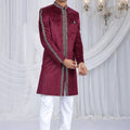 Majestic Wine Velvet Embroidered Indo Western Sherwani for Men with White Trousers