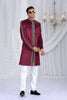 Majestic Wine Velvet Embroidered Indo Western Sherwani for Men with White Trousers
