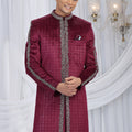Majestic Wine Velvet Embroidered Indo Western Sherwani for Men with White Trousers
