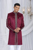 Majestic Wine Velvet Embroidered Indo Western Sherwani for Men with White Trousers