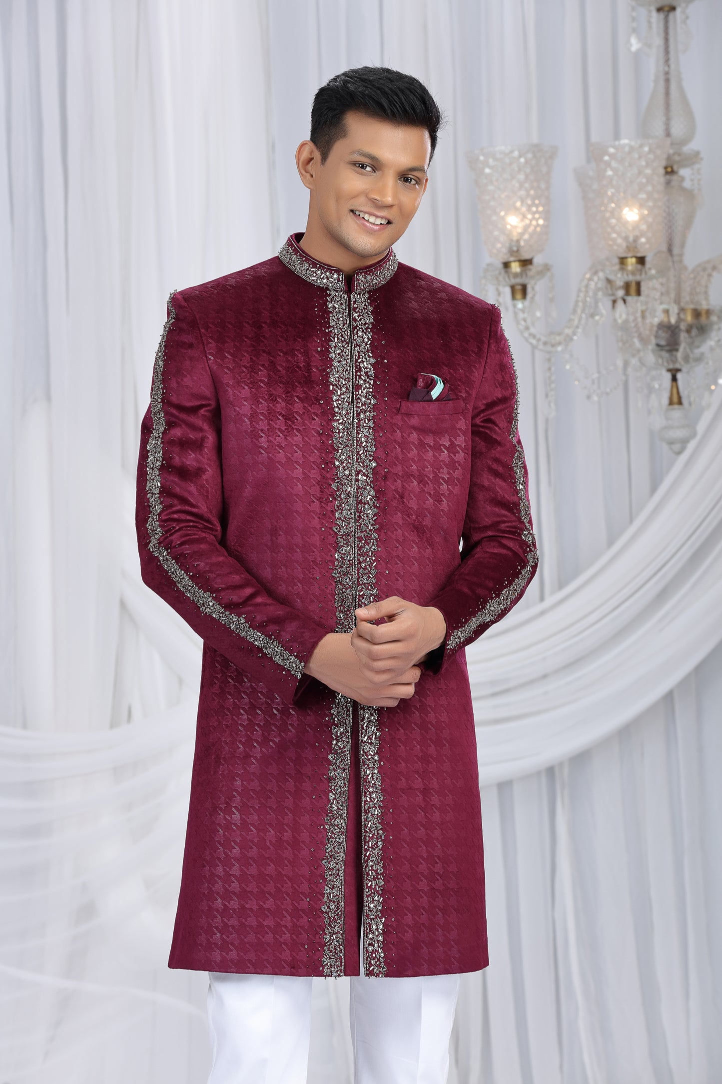 Majestic Wine Velvet Embroidered Indo Western Sherwani for Men with White Trousers