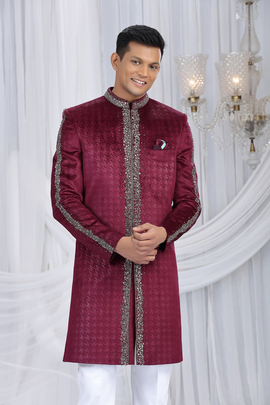 Majestic Wine Velvet Embroidered Indo Western Sherwani for Men with White Trousers