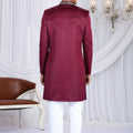 Majestic Wine Velvet Embroidered Indo Western Sherwani for Men with White Trousers