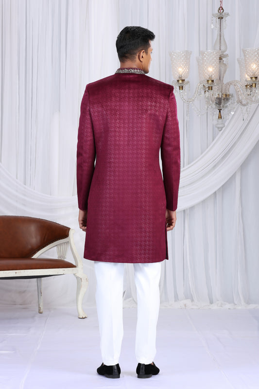 Majestic Wine Velvet Embroidered Indo Western Sherwani for Men with White Trousers