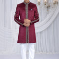 Majestic Wine Velvet Embroidered Indo Western Sherwani for Men with White Trousers