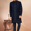 Elegant Navy Blue Art Silk Embroidered Designer Indo Western Sherwani with Jacket
