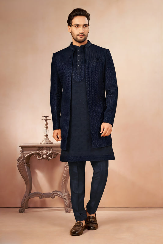 Elegant Navy Blue Art Silk Embroidered Designer Indo Western Sherwani with Jacket