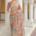 Peach Sage Green Embroidered Designer Silk Saree with Sequins Work