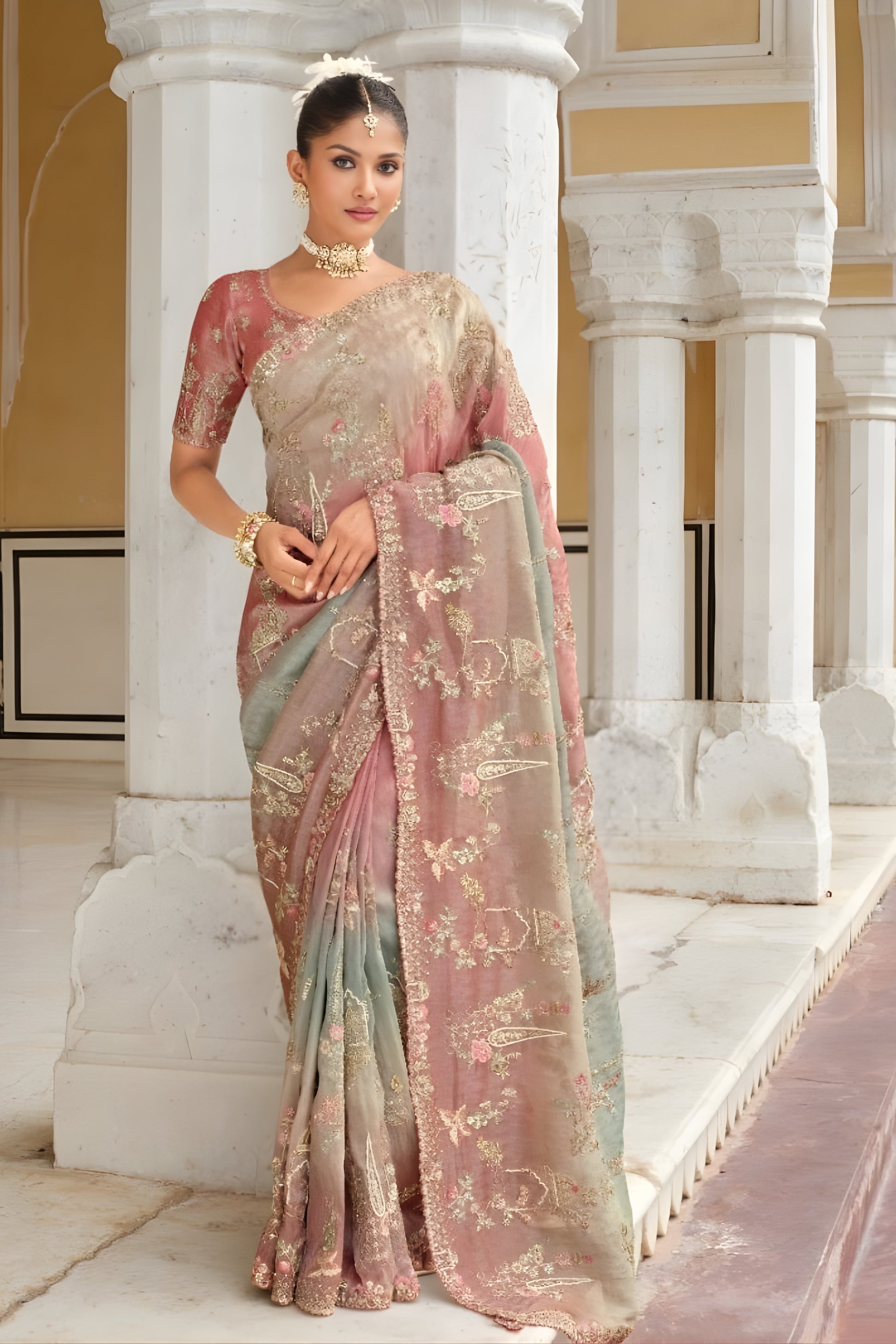 Peach Sage Green Embroidered Designer Silk Saree with Sequins Work