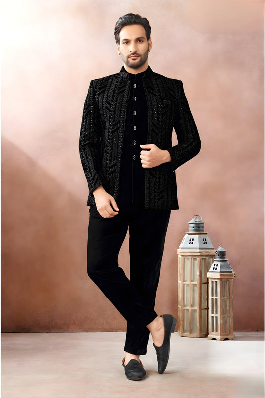 Stunning Black Art Silk Embroidered Designer Indo Western Sherwani with Jacket