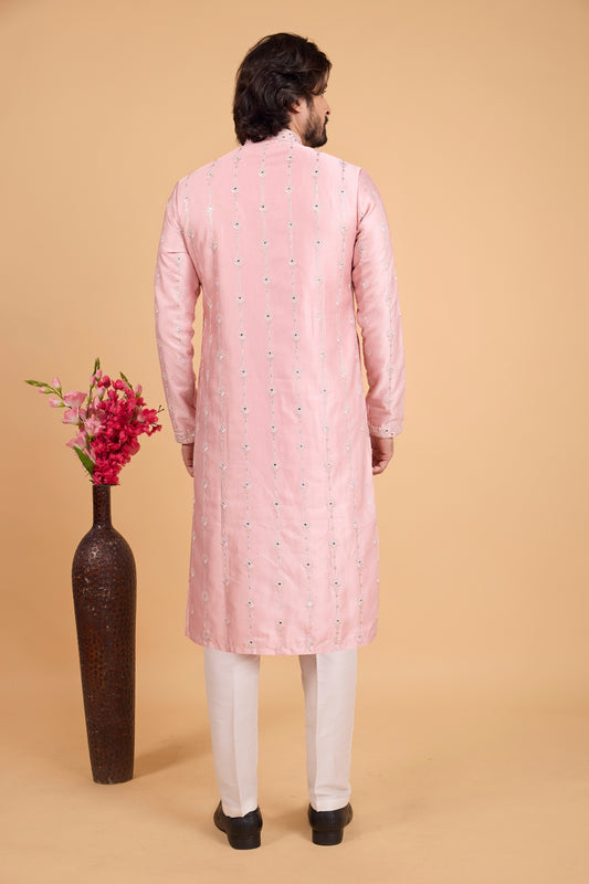 Elegant Blush Pink Art Silk Embroidered Kurta Pajama Set for Wedding