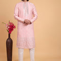 Elegant Blush Pink Art Silk Embroidered Kurta Pajama Set for Wedding