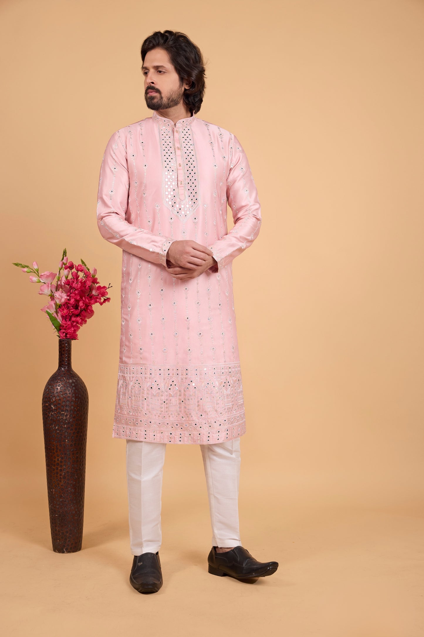 Elegant Blush Pink Art Silk Embroidered Kurta Pajama Set for Wedding