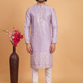 Wonderful Lavender Art Silk Embroidered Kurta Pajama Set for Wedding