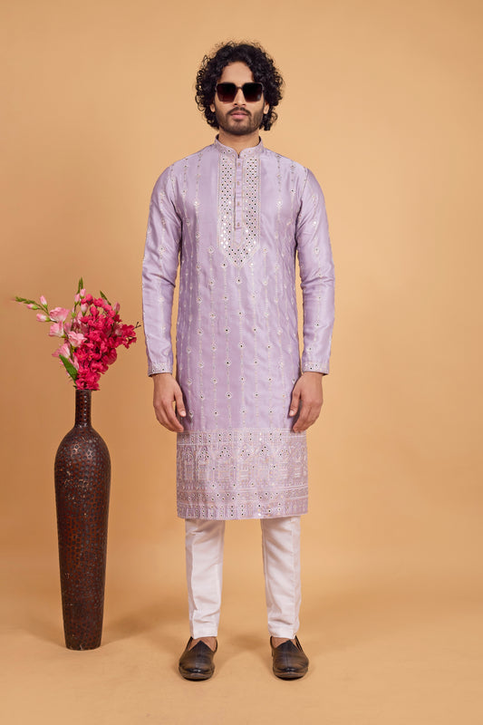 Wonderful Lavender Art Silk Embroidered Kurta Pajama Set for Wedding