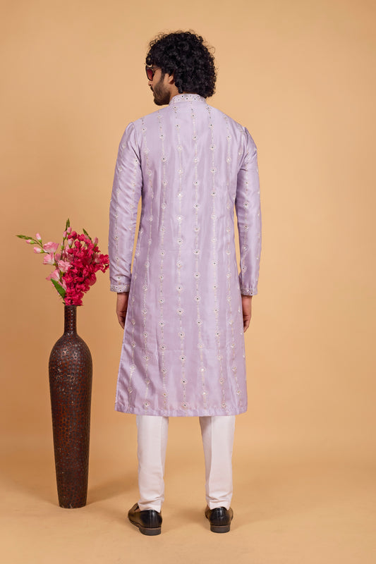 Wonderful Lavender Art Silk Embroidered Kurta Pajama Set for Wedding