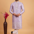 Wonderful Lavender Art Silk Embroidered Kurta Pajama Set for Wedding