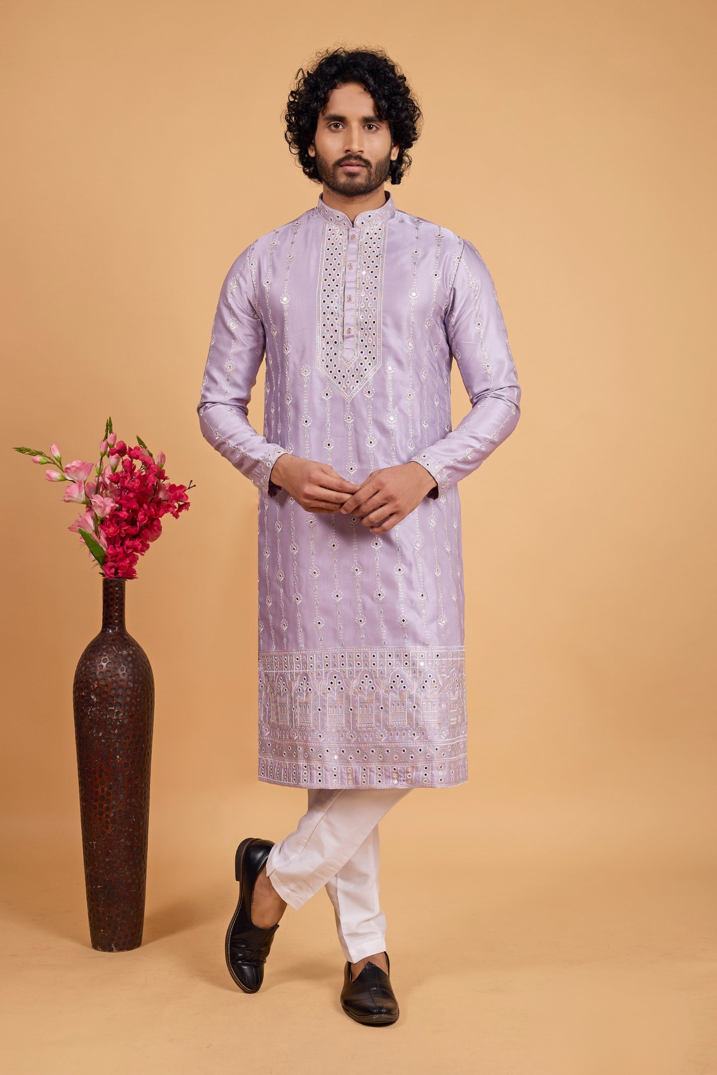 Wonderful Lavender Art Silk Embroidered Kurta Pajama Set for Wedding