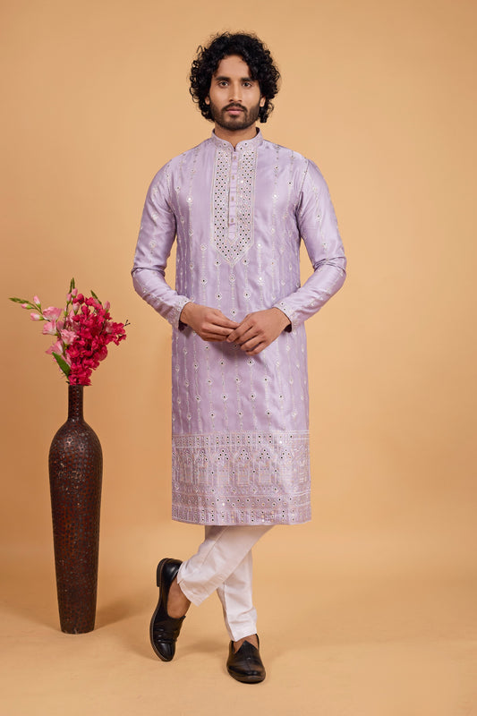 Wonderful Lavender Art Silk Embroidered Kurta Pajama Set for Wedding