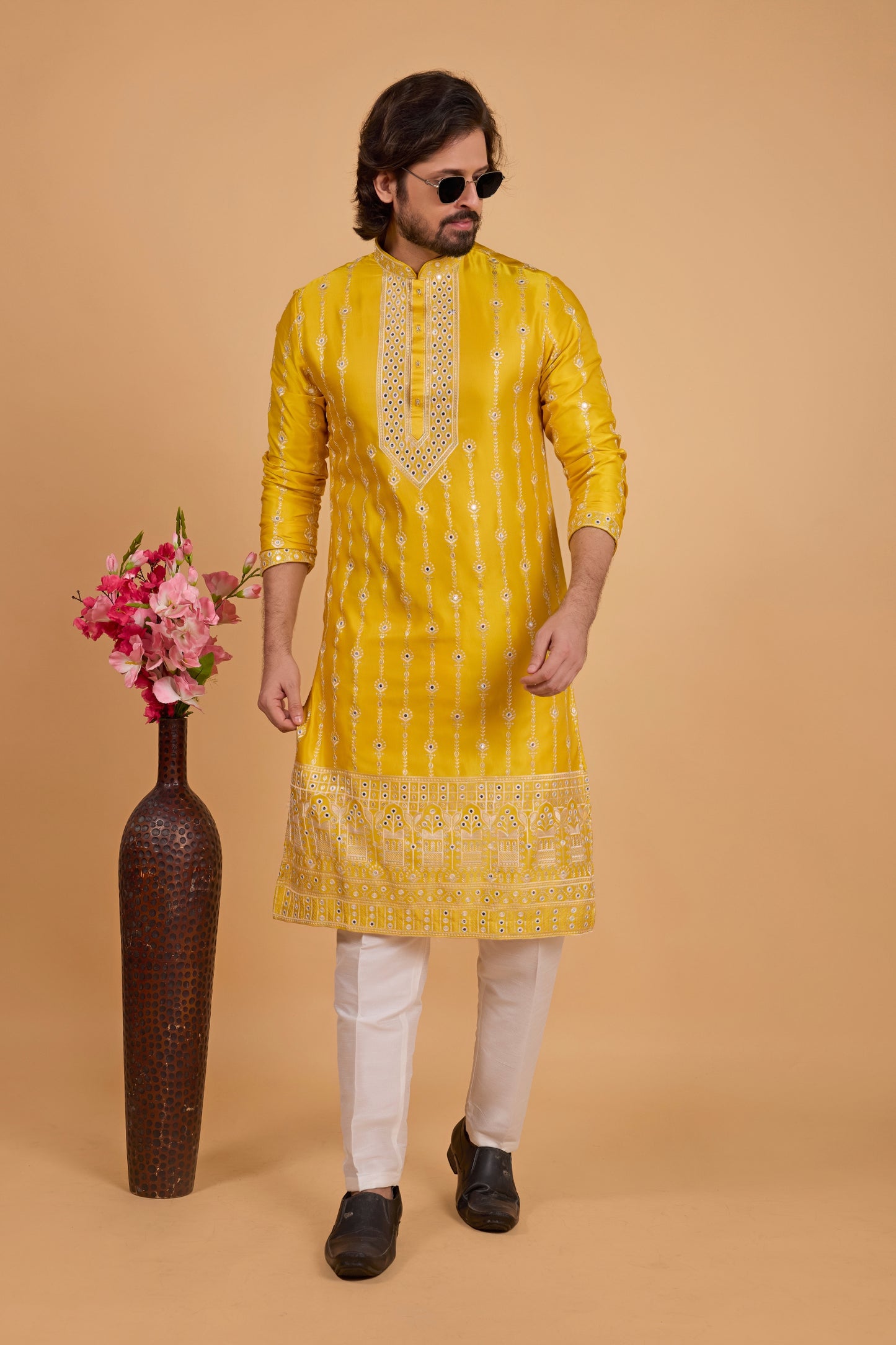 Regal Mustard Yellow Art Silk Embroidered Kurta Pajama Set for Wedding