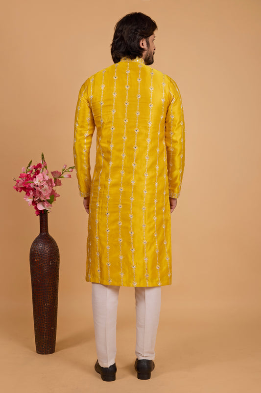 Regal Mustard Yellow Art Silk Embroidered Kurta Pajama Set for Wedding