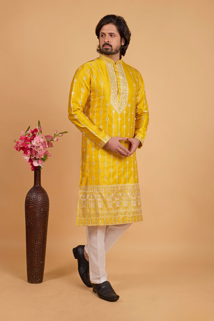 Regal Mustard Yellow Art Silk Embroidered Kurta Pajama Set for Wedding