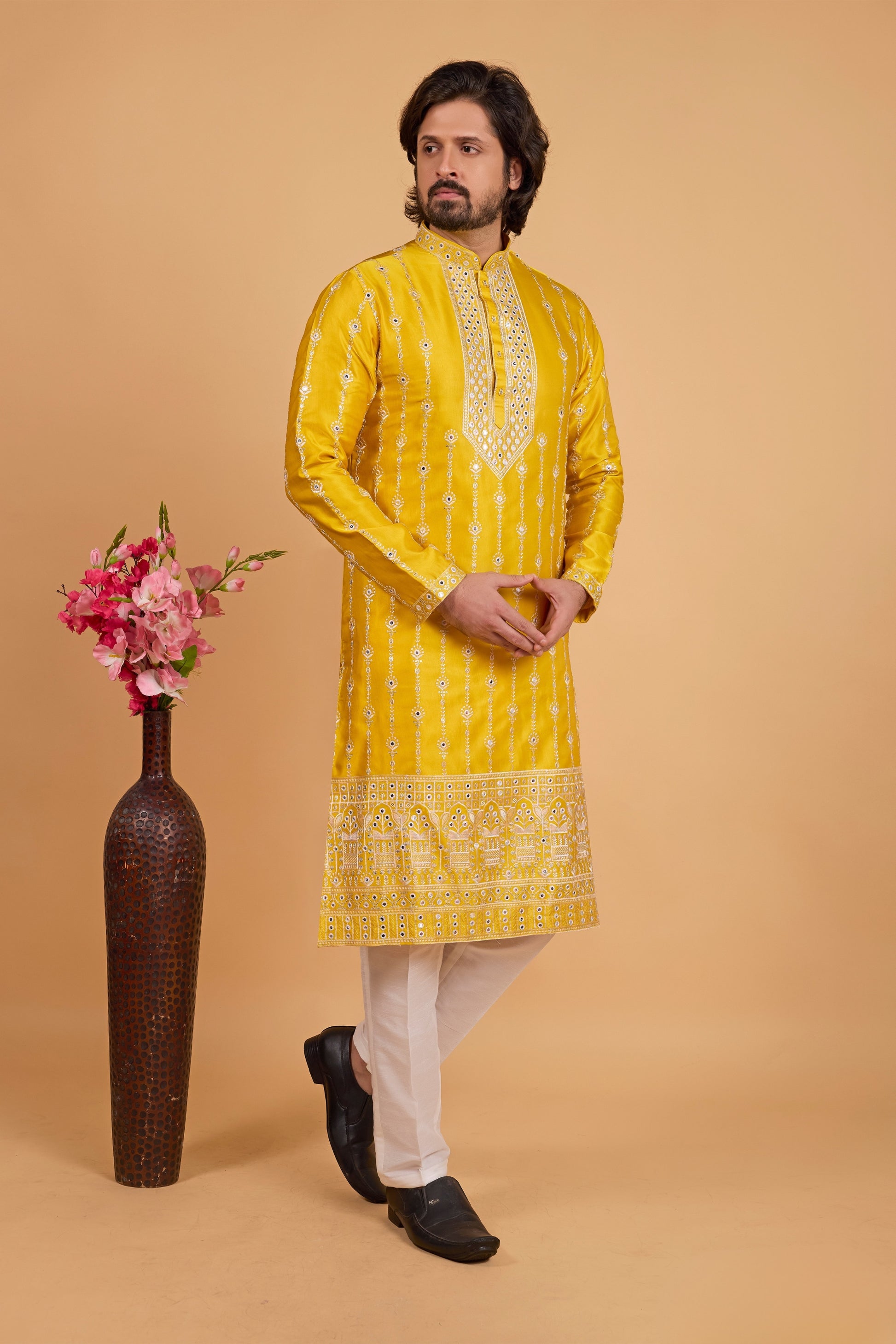 Regal Mustard Yellow Art Silk Embroidered Kurta Pajama Set for Wedding
