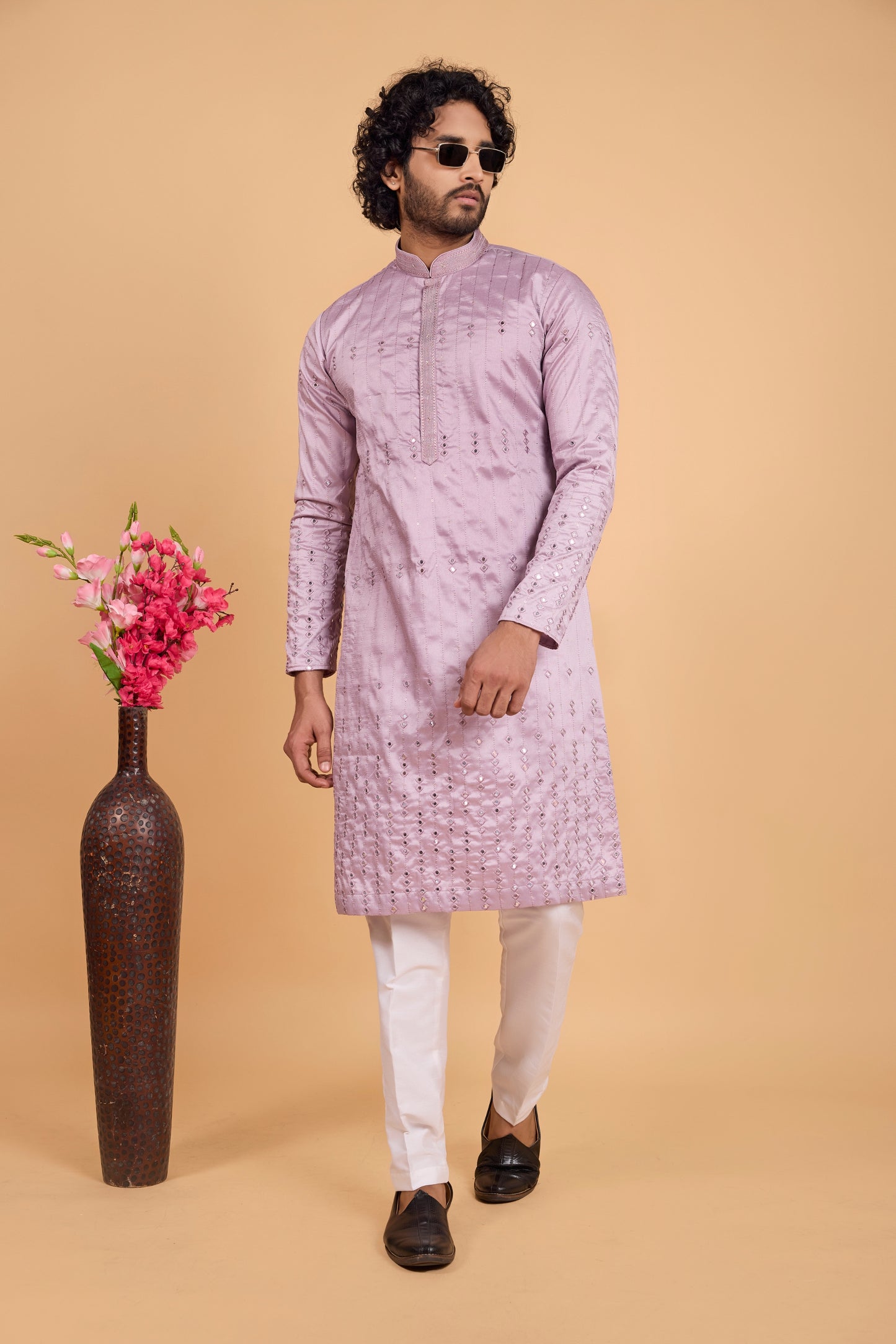 Stylish Lavender Art Silk Embroidered Kurta Pajama Set for Wedding