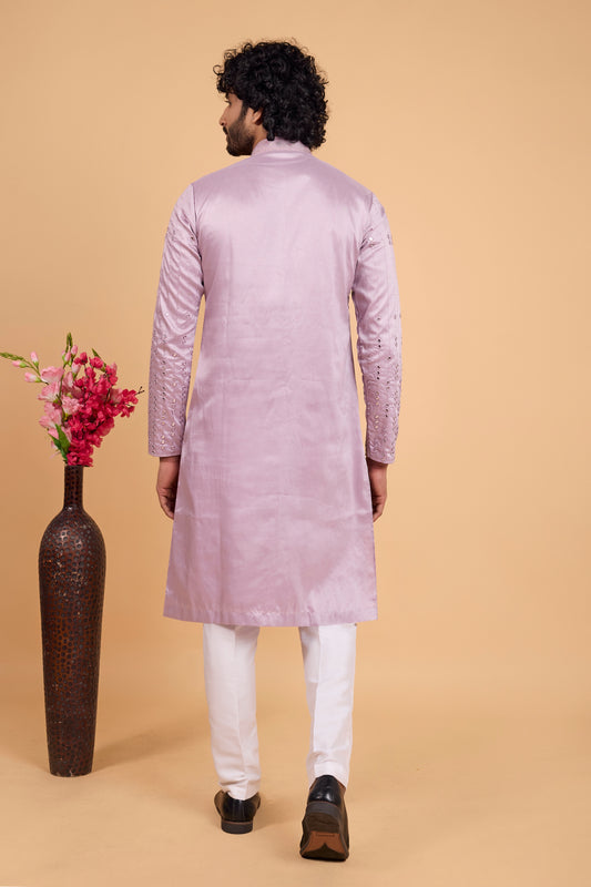 Stylish Lavender Art Silk Embroidered Kurta Pajama Set for Wedding
