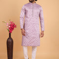 Stylish Lavender Art Silk Embroidered Kurta Pajama Set for Wedding