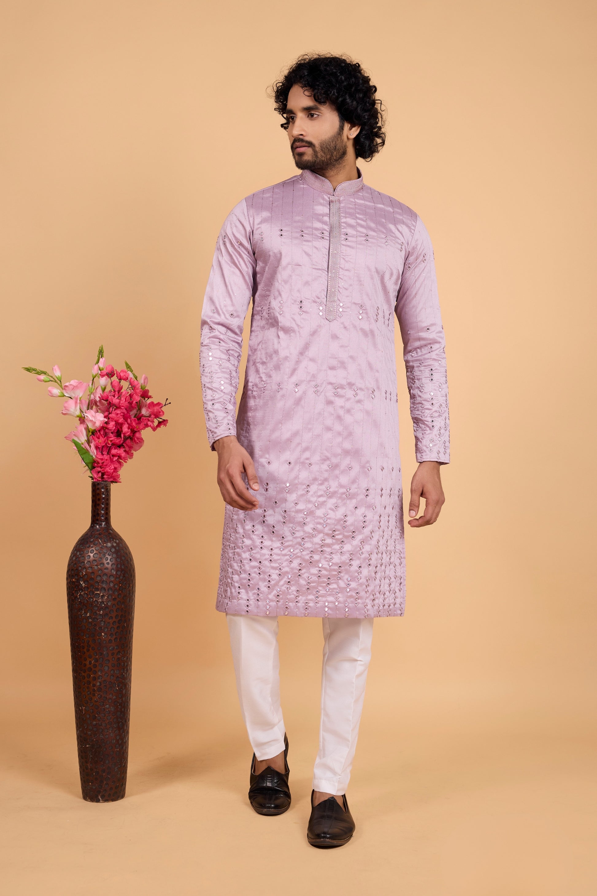 Stylish Lavender Art Silk Embroidered Kurta Pajama Set for Wedding
