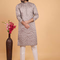 Latest Grey Art Silk Embroidered Kurta Pajama Set for Wedding