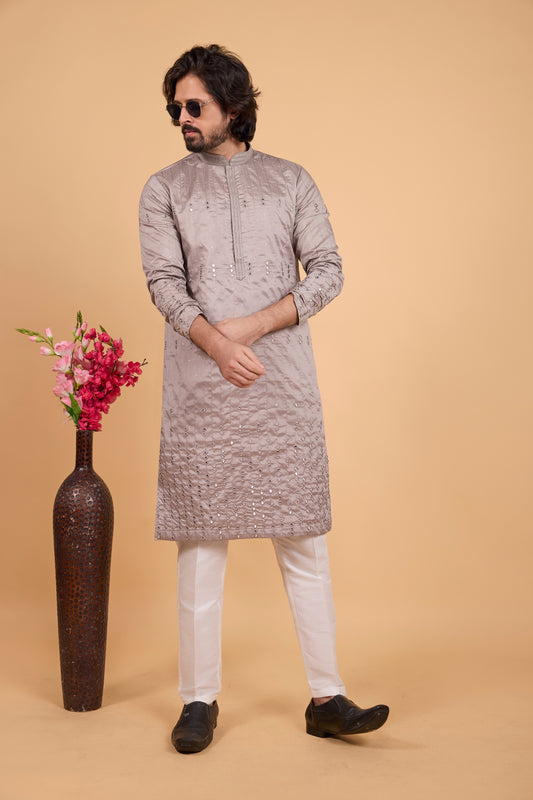 Latest Grey Art Silk Embroidered Kurta Pajama Set for Wedding