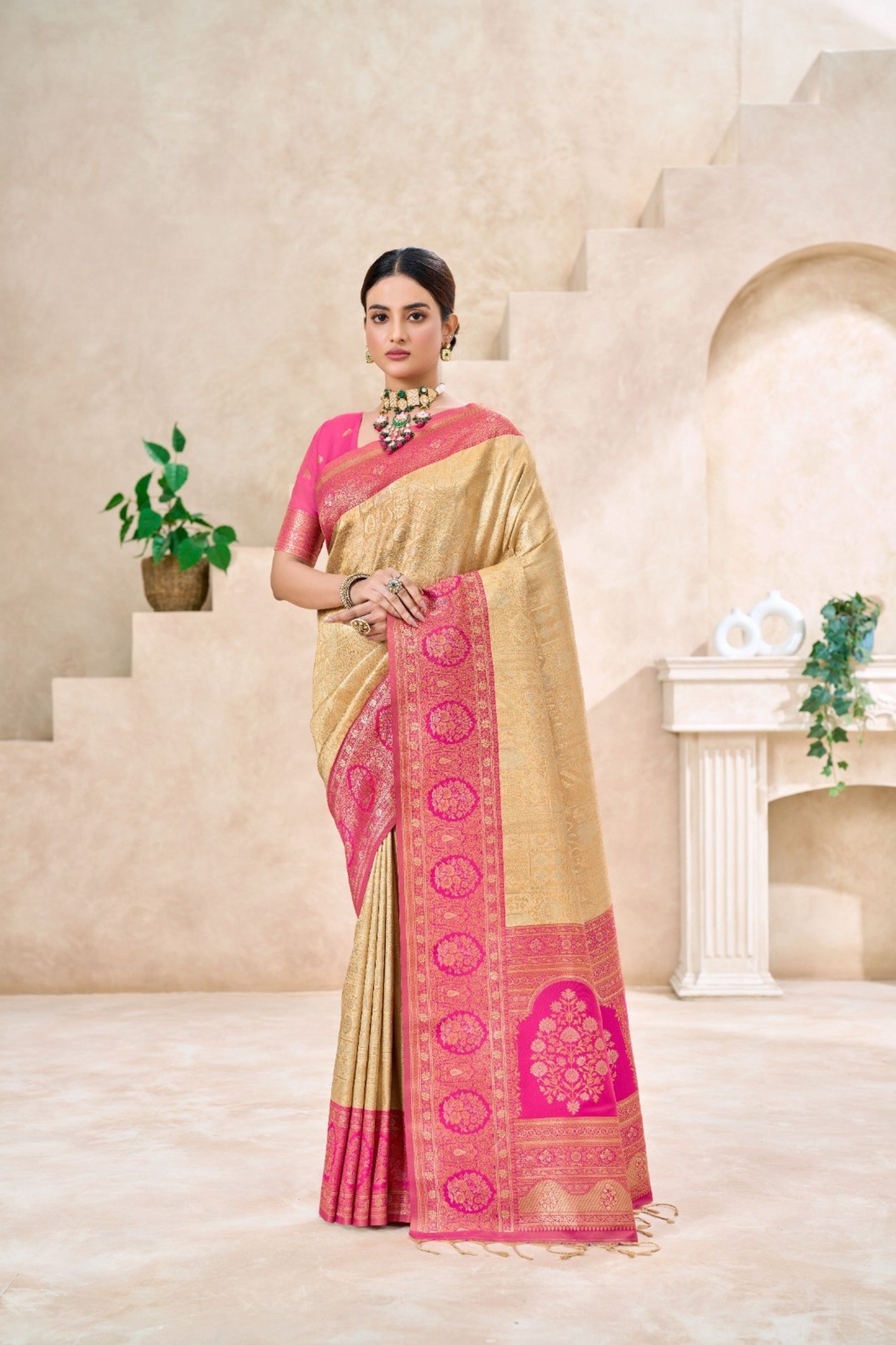 Elegant Beige Kanjivaram Silk Weaving Saree for Women