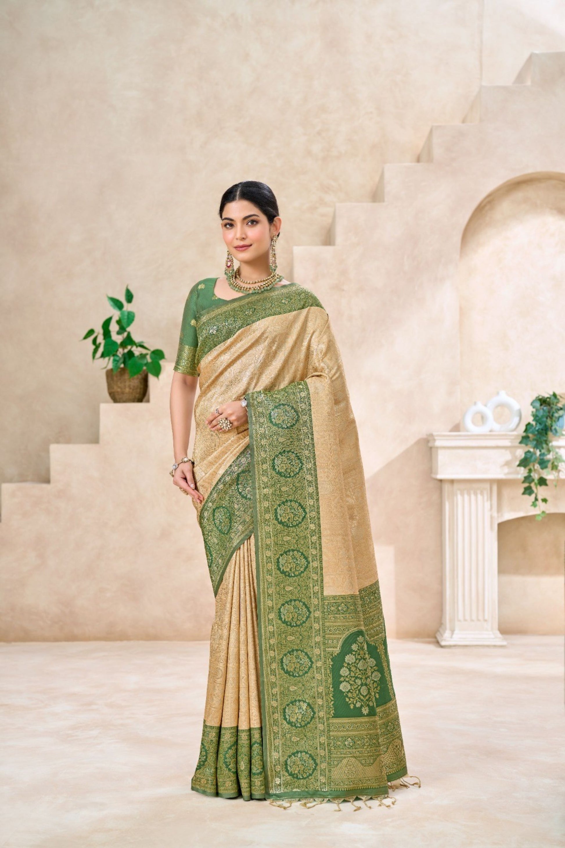 Wonderful Golden Beige Kanjivaram Silk Weaving Saree for Women