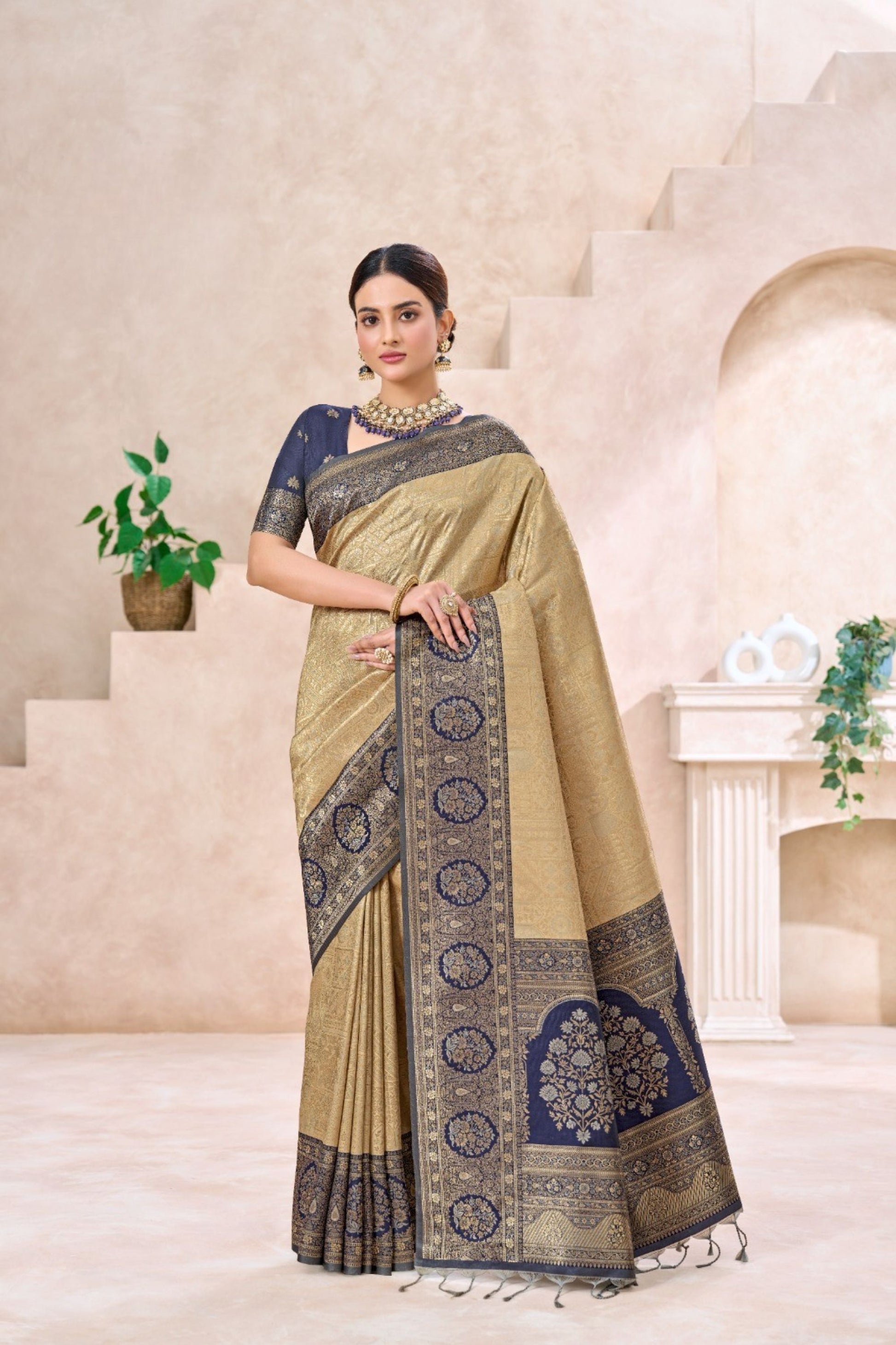 Vibrant Golden Beige Kanjivaram Silk Weaving Saree for Women