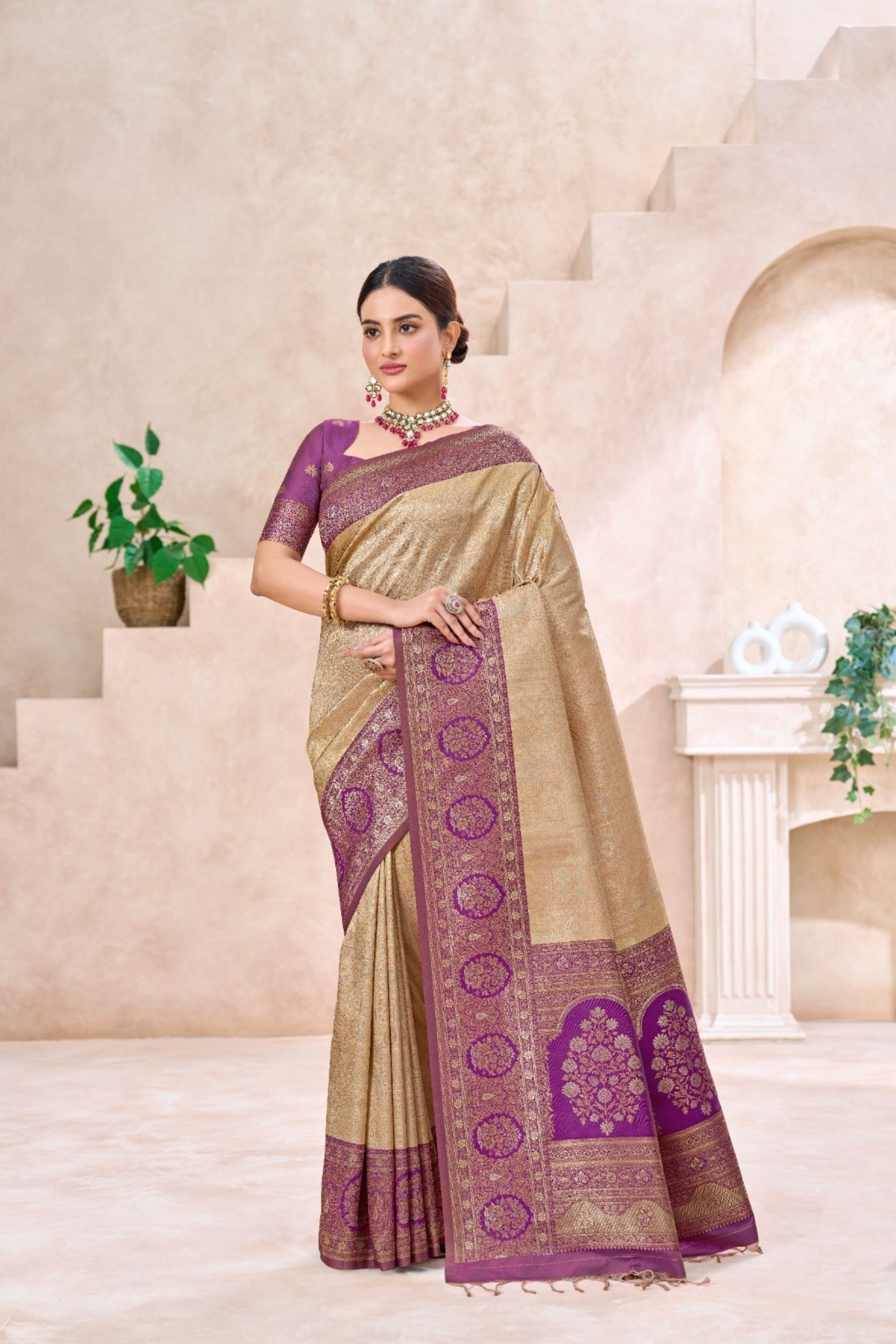 Beautiful Golden Beige Kanjivaram Silk Weaving Saree for Women