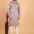 Latest Grey Art Silk Embroidered Kurta Pajama Set for Wedding