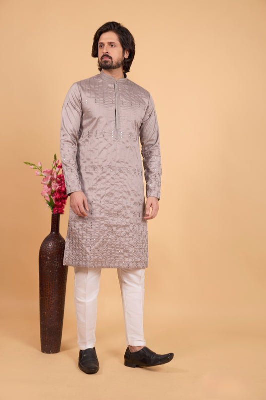 Latest Grey Art Silk Embroidered Kurta Pajama Set for Wedding