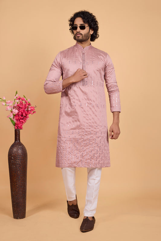 Lovely Pink Art Silk Embroidered Kurta Pajama Set for Wedding
