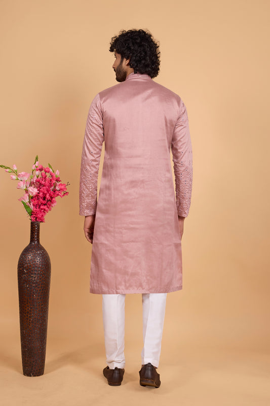 Lovely Pink Art Silk Embroidered Kurta Pajama Set for Wedding