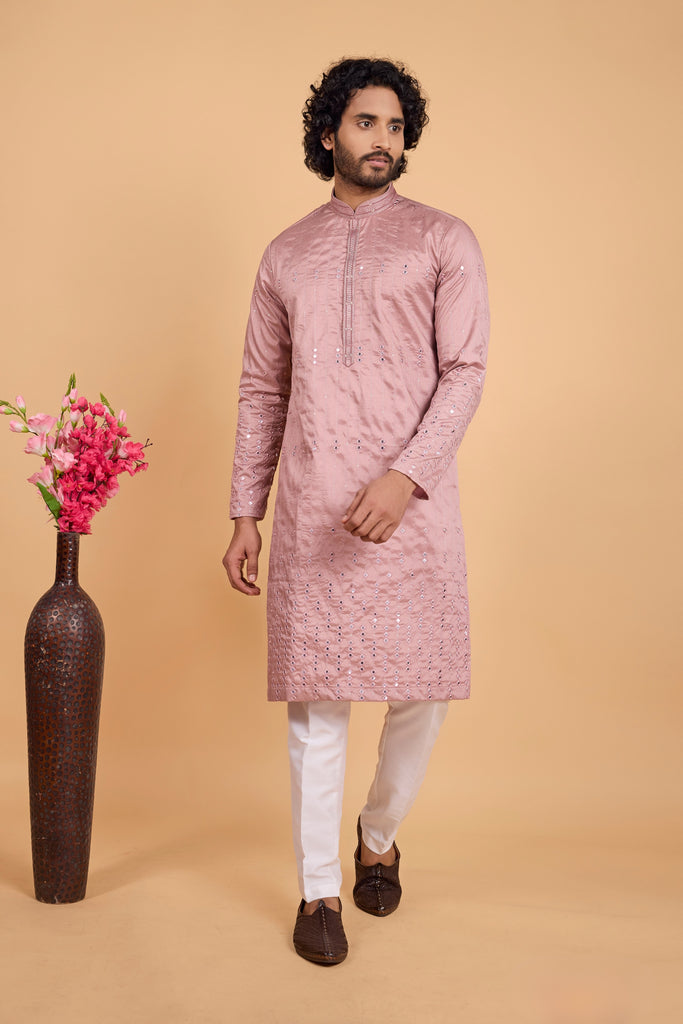 Lovely Pink Art Silk Embroidered Kurta Pajama Set for Wedding