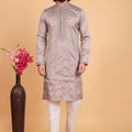 Classic Grey Art Silk Embroidered Kurta Pajama Set for Wedding