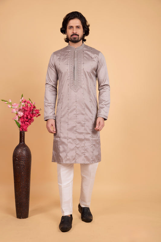 Classic Grey Art Silk Embroidered Kurta Pajama Set for Wedding