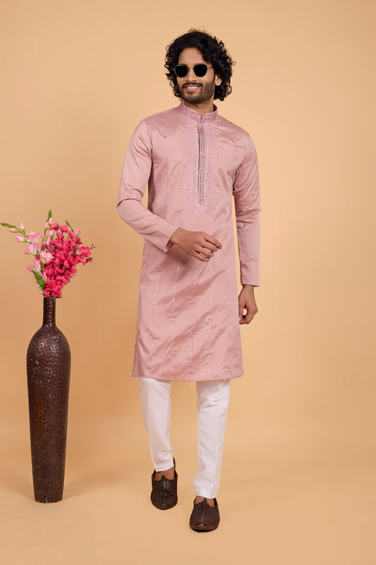 Delicate Pink Art Silk Embroidered Kurta Pajama Set for Wedding