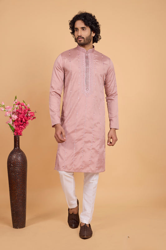 Delicate Pink Art Silk Embroidered Kurta Pajama Set for Wedding