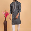 Superb Charcoal Grey Art Silk Embroidered Kurta Pajama Set for Wedding
