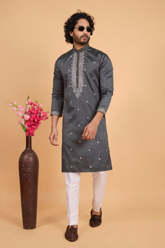 Superb Charcoal Grey Art Silk Embroidered Kurta Pajama Set for Wedding