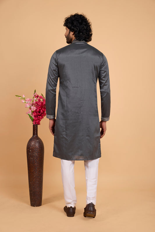 Superb Charcoal Grey Art Silk Embroidered Kurta Pajama Set for Wedding