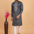 Superb Charcoal Grey Art Silk Embroidered Kurta Pajama Set for Wedding